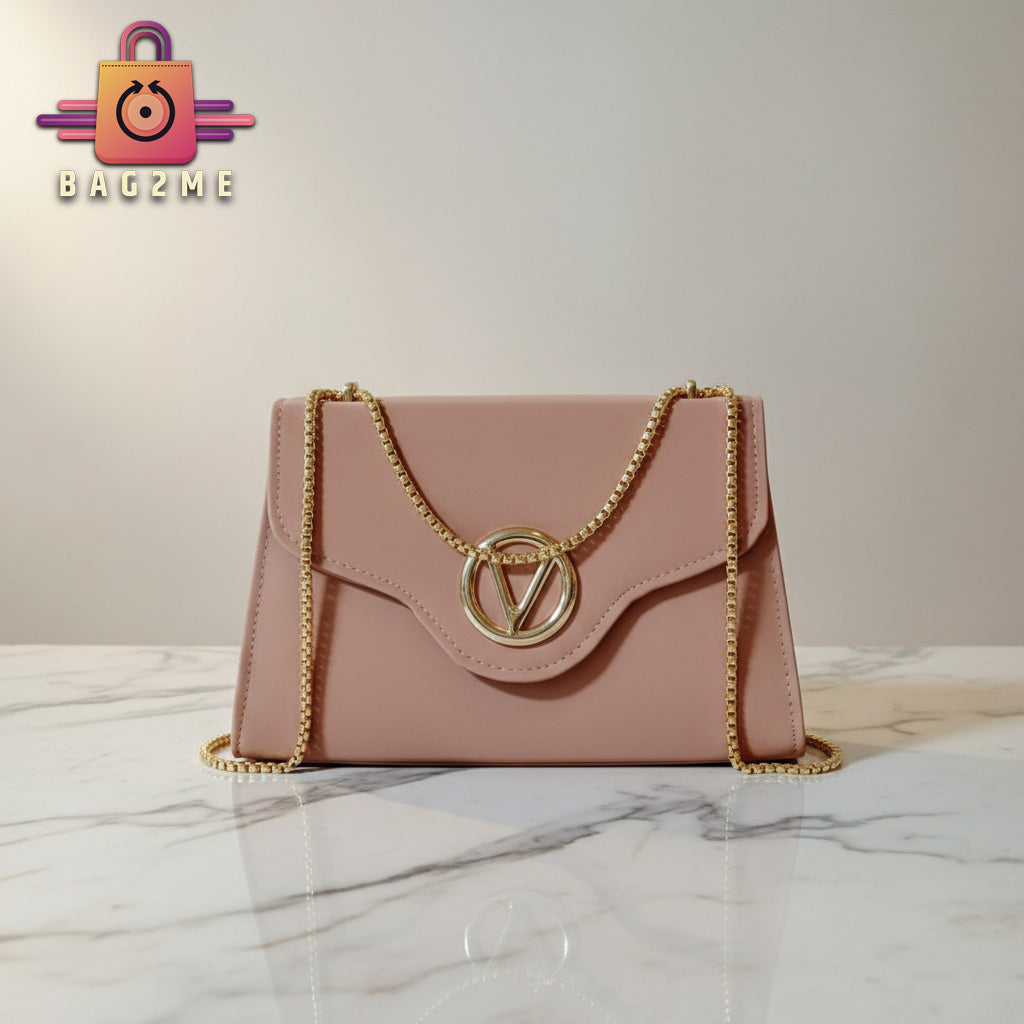 Classic Handbag with Gold Chain & V Emblem