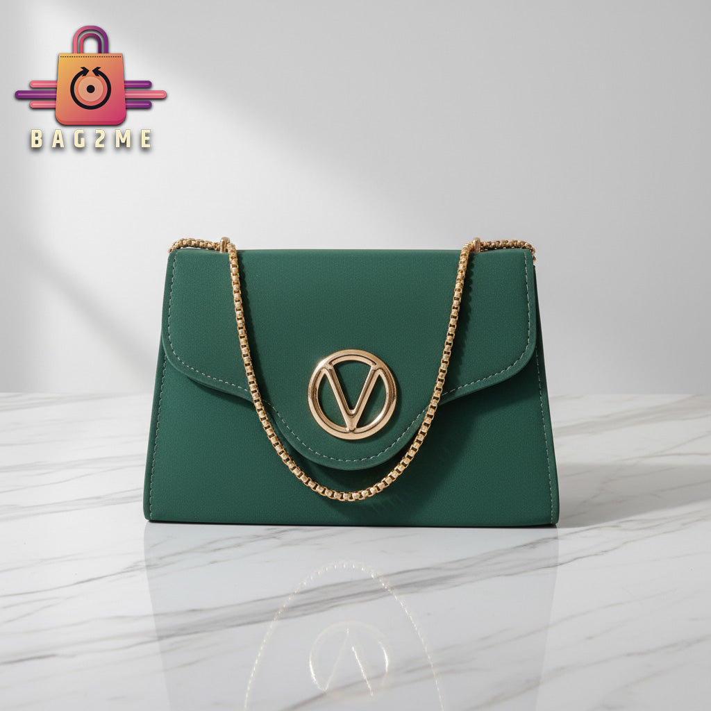 Classic Handbag with Gold Chain & V Emblem